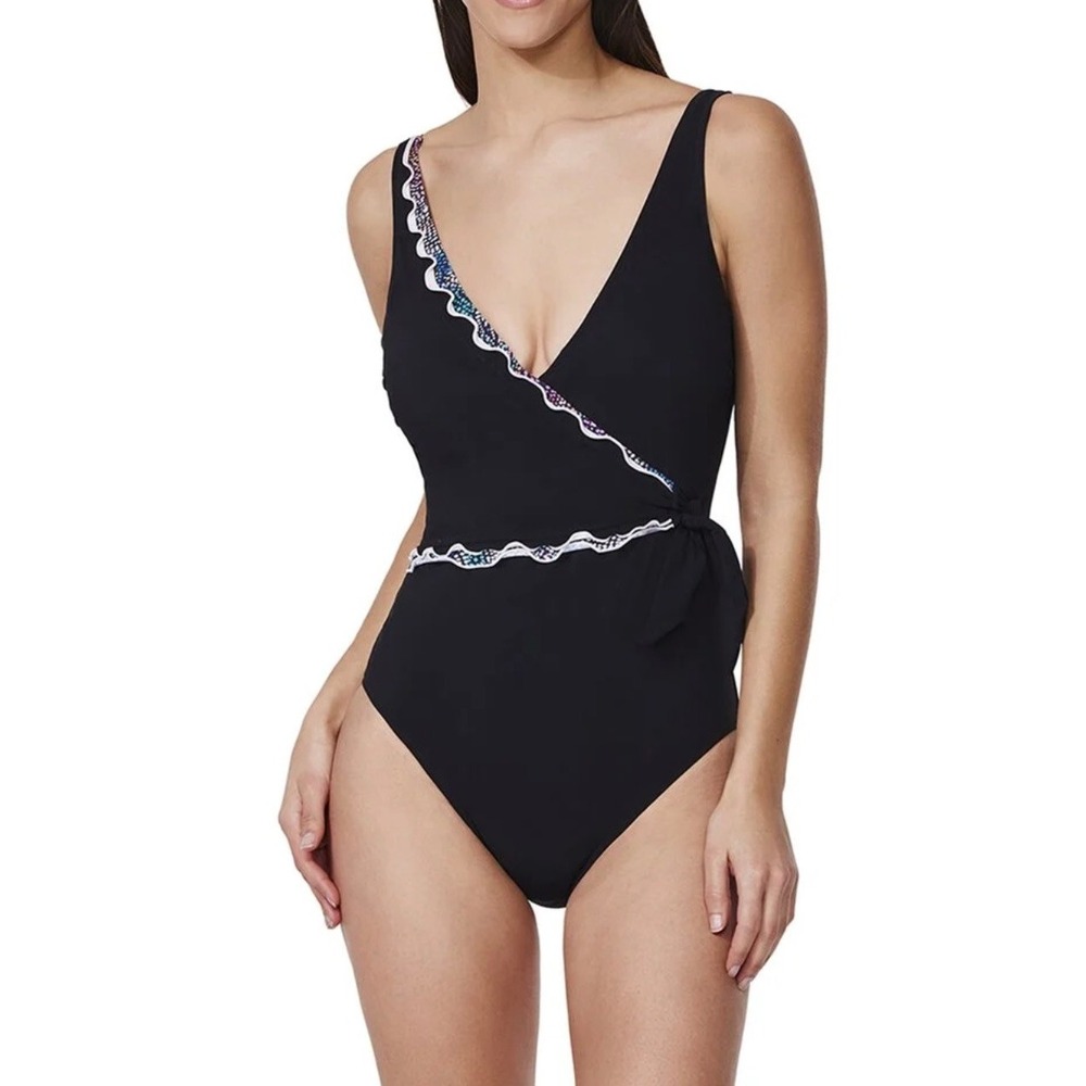 Profile by Gottex Riga Tricolore Swimsuit Black Ruffle Wrap One Piece Size 8 M